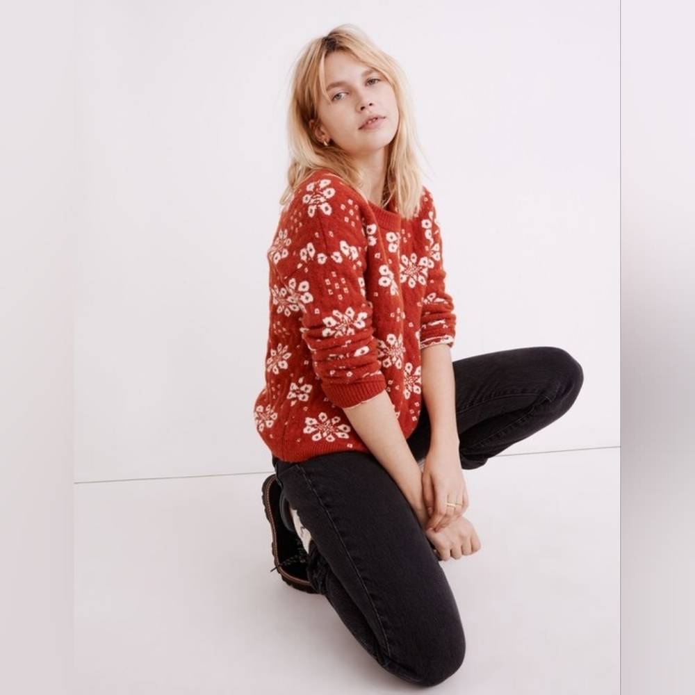 🧡🤍 Madewell Althen Snowflake Patterned Cotton Wool Blend Sweater, XXS, NWT - Picture 8 of 11